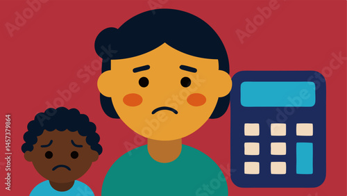 Calculator Stress A closeup of a calculator showing high childcare costs with a stressed parents face in the background highlighting financial worries.