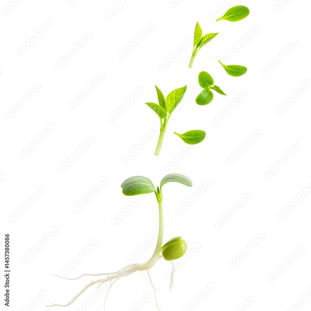 Obraz premium Young green seedling with two leaves and developed root system, isolated on white