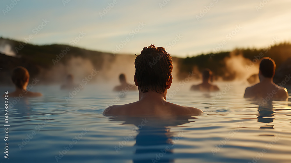 Relaxing geothermal spa with misty waters. Enjoying wellness and tranquility in a natural, therapeutic hot spring with friends at a unique destination. Relaxing geothermal spa with misty waters. Enjoying wellness and tranquility in a natural, therapeutic hot spring with friends at a unique destination.