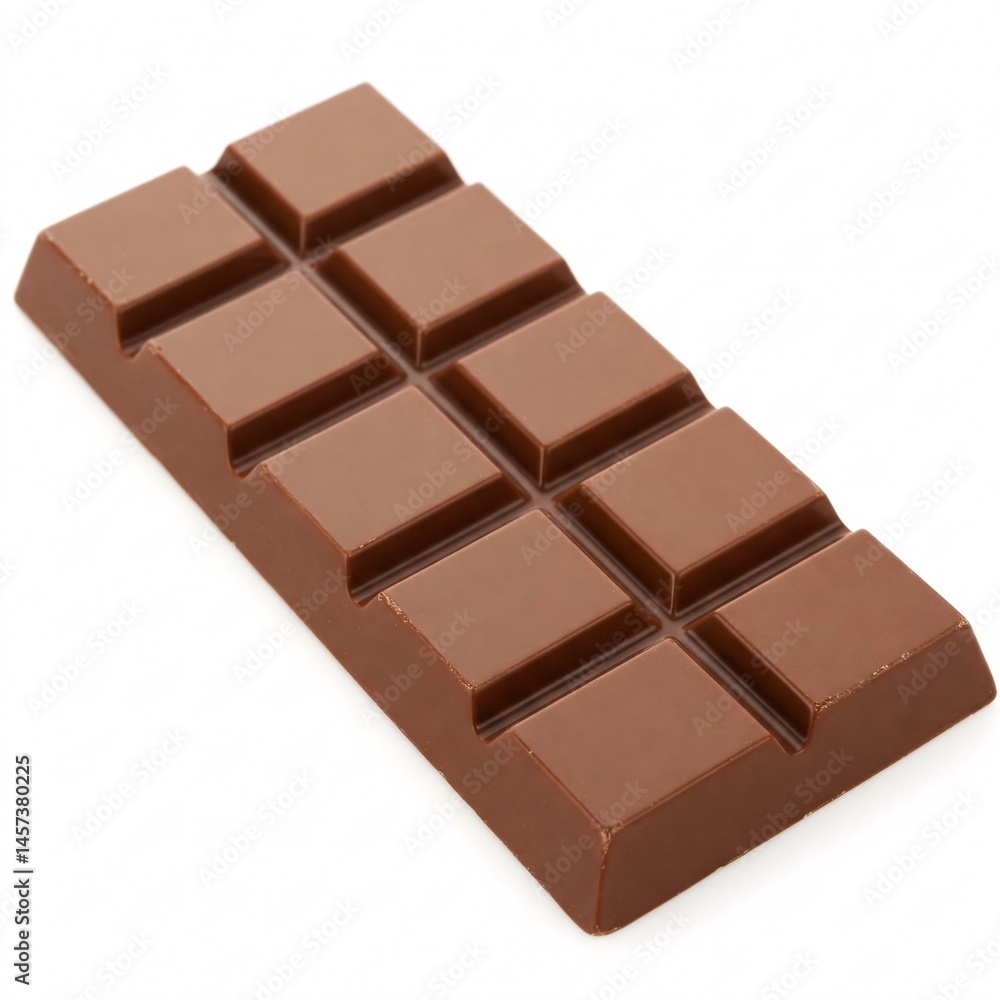Milk chocolate bar with ten square sections, positioned at an angle on a white Milk chocolate bar with ten square sections, positioned at an angle on a white