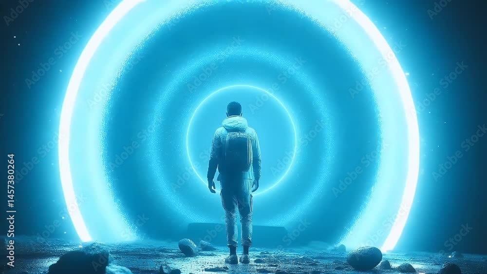 Person standing before glowing portal
