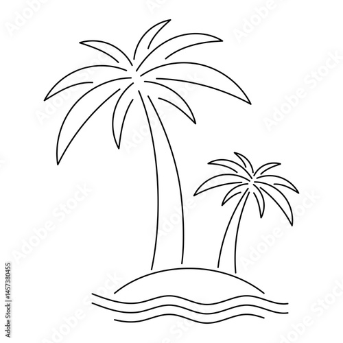 Palm trees line art on island with waves. Editable Stroke. Minimal tropical coconut tree outline illustration. Hand drawn exotic beach nature sketch. Summer vacation vector for logo, decor, print.