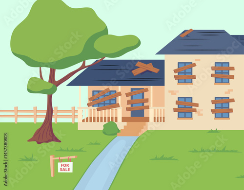 Cartoon Color Abandoned Cottage for Sale on a Lawn Scene Concept. Vector illustration of Old Dilapidated Suburban House