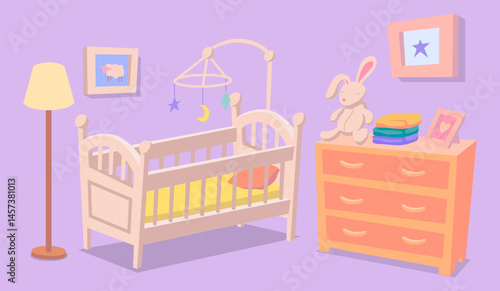 Cartoon Color Wooden Baby Cot with Hanging Toy Kid Sleep and Dresser Room Interior Inside Scene Concept. Vector illustration