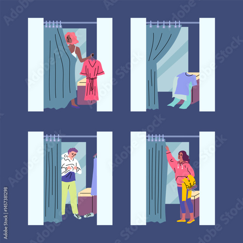 Cartoon Color Different People in Fitting Room Set Fashion Concept Flat Design Style. Vector illustration of Trying New Clothes in Clothing Store