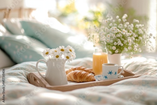 Peaceful Morning Breakfast in Bed: Croissants, Coffee, and Daisies