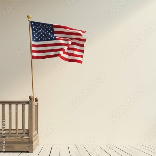 A flag waves from a porch, centered with plain light background, wooden details, and plenty of copy space for design.
