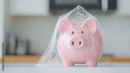 Pink piggy bank covered in a thin, web-like layer. Financial stagnation or unused savings concept. Overcome obstacles to access and grow savings.
