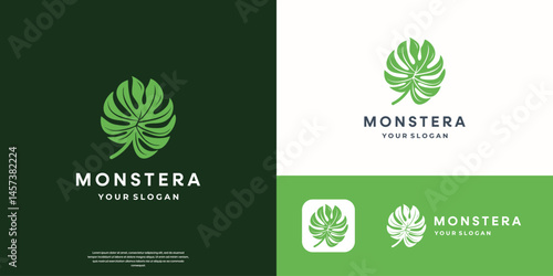 Exotic plant Monstera Deliciosa logo. leaf, branches vector illustration.