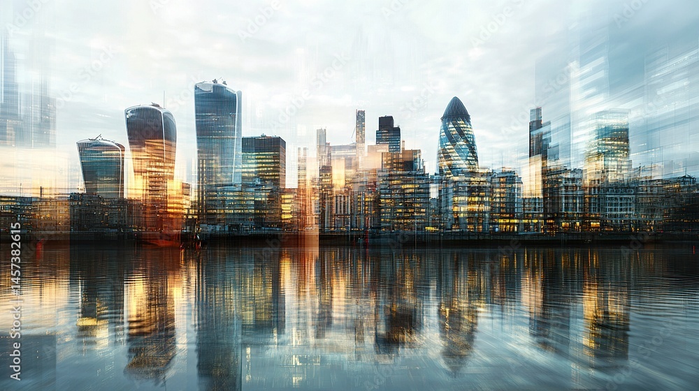 Fototapeta premium Abstract urban patterns reflected in the glass surfaces of contemporary office buildings, highlighting the sophistication of London's financial district. 