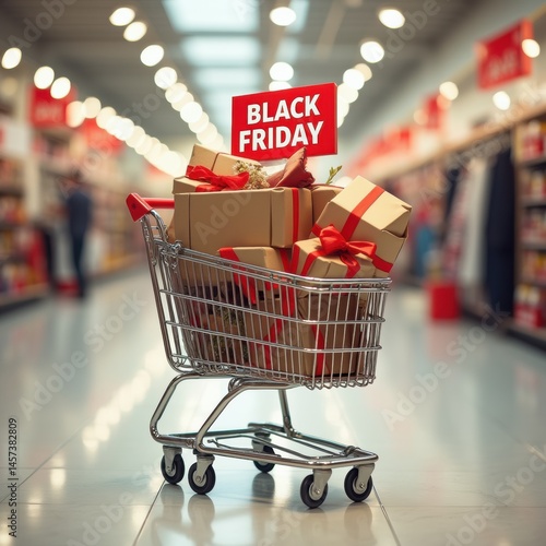A shopping cart overflowing with discounted items and Black Friday sale tags, centered composition with plenty of copy space for promotional design.
