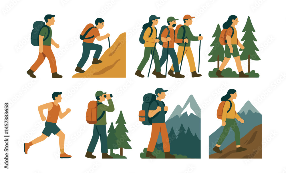 Naklejka premium Outdoor adventure activities icons set – hiking, trekking, camping, mountains, backpacking. Vector icons set