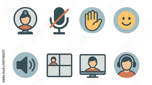Virtual meeting essentials icon set – mute, unmute, hand, smile, volume, grid, monitor, headphones. Vector icons set