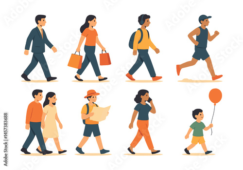 City walkers icons set – businessman, shopper, student, runner, tourist, balloon child. Vector icons set