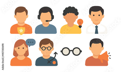Team roles icons set – leader, communicator, innovator, planner, advocate, collaborator, strategist. Vector icons set