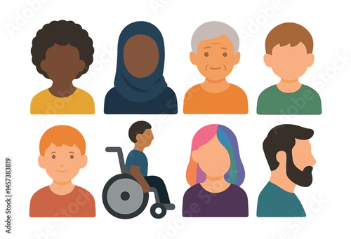 Inclusive community icons set – diversity, accessibility, culture, age, gender, expression. Vector icons set
