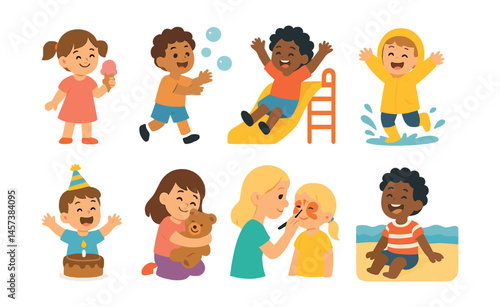 Kids' playful moments icons set – ice cream, bubbles, slide, puddle jump, cake, teddy bear, face paint, beach. Vector icons set