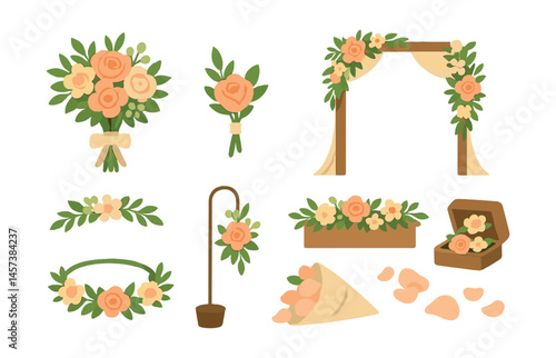 Wedding floral icons set – bouquet, garland, arch, boutonniere, centerpiece. Vector icons set