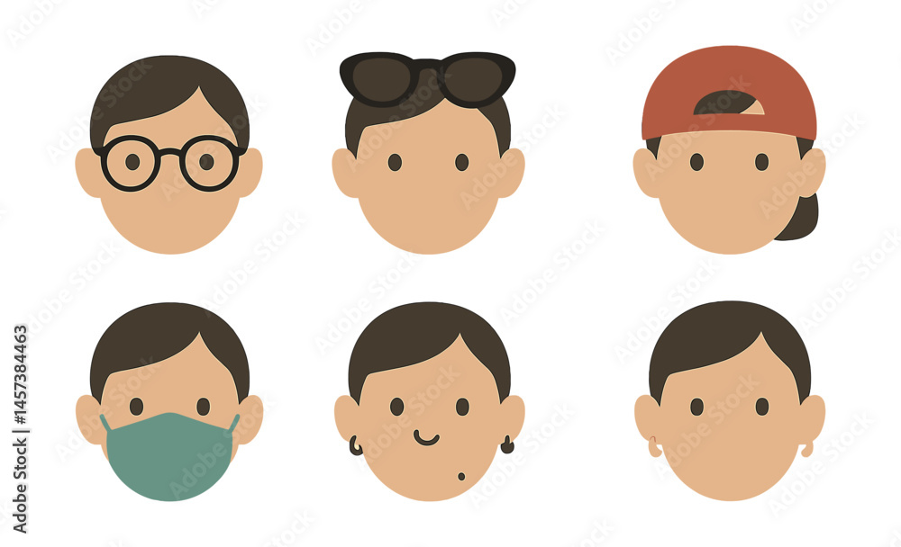 Minimalist face icons set – glasses, sunglasses, cap, mask, earrings, piercing. Vector icons set Minimalist face icons set – glasses, sunglasses, cap, mask, earrings, piercing. Vector icons set