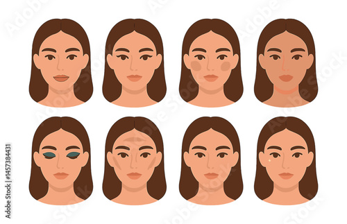 Makeup expressions icon set – lipstick, blush, eyeshadow, eyeliner, foundation. Vector icons set