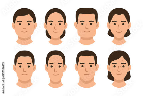 Diverse face shapes icons set – round, oval, square, heart, triangle, diamond, faces collection. Vector icons set