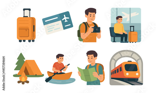 Travel adventure icons set – suitcase, tickets, camera, airport, camping, kayaking, map, train. Vector icons set