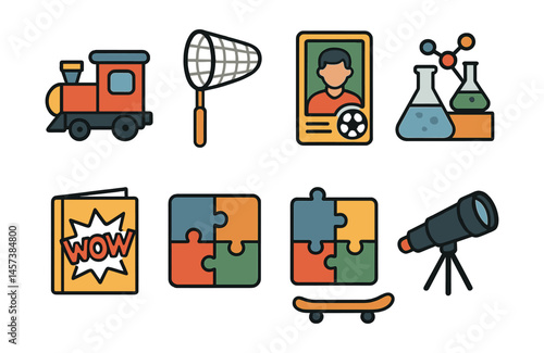 Hobbies and interests icons set – train, butterfly net, id card, chemistry, comic book, puzzles, skateboard, telescope. Vector icons set