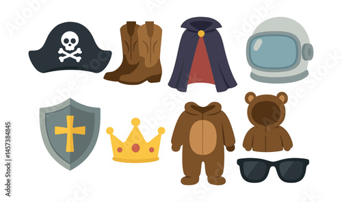 Dress-up play set icons – pirate hat, cowboy boots, cape, helmet, shield, crown, bear suit, sunglasses. Vector icons set