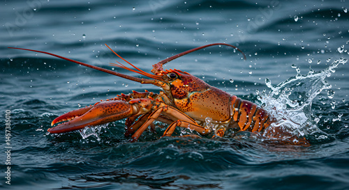 Vibrant Orange Lobster Splashing in Deep Blue Sea Water Macro Close Up photo