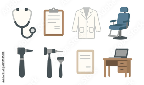 Doctor's essentials icons set – stethoscope, clipboard, coat, chair, otoscope, ophthalmoscope, reflex hammer, desk. Vector icons set