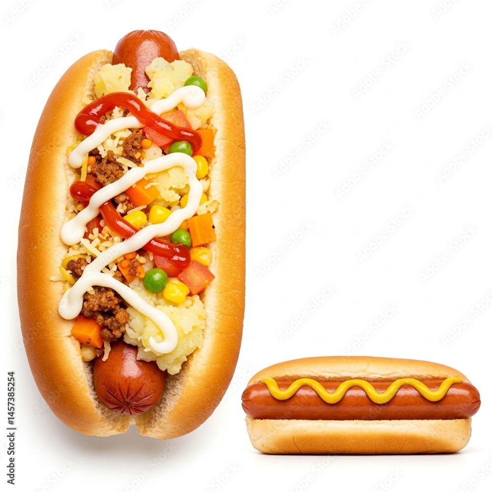 Comparison of a Loaded Brazilian Hot Dog and a Simple American Hot Dog with copy space. Space for writte text. Comparison of a Loaded Brazilian Hot Dog and a Simple American Hot Dog with copy space. Space for writte text.