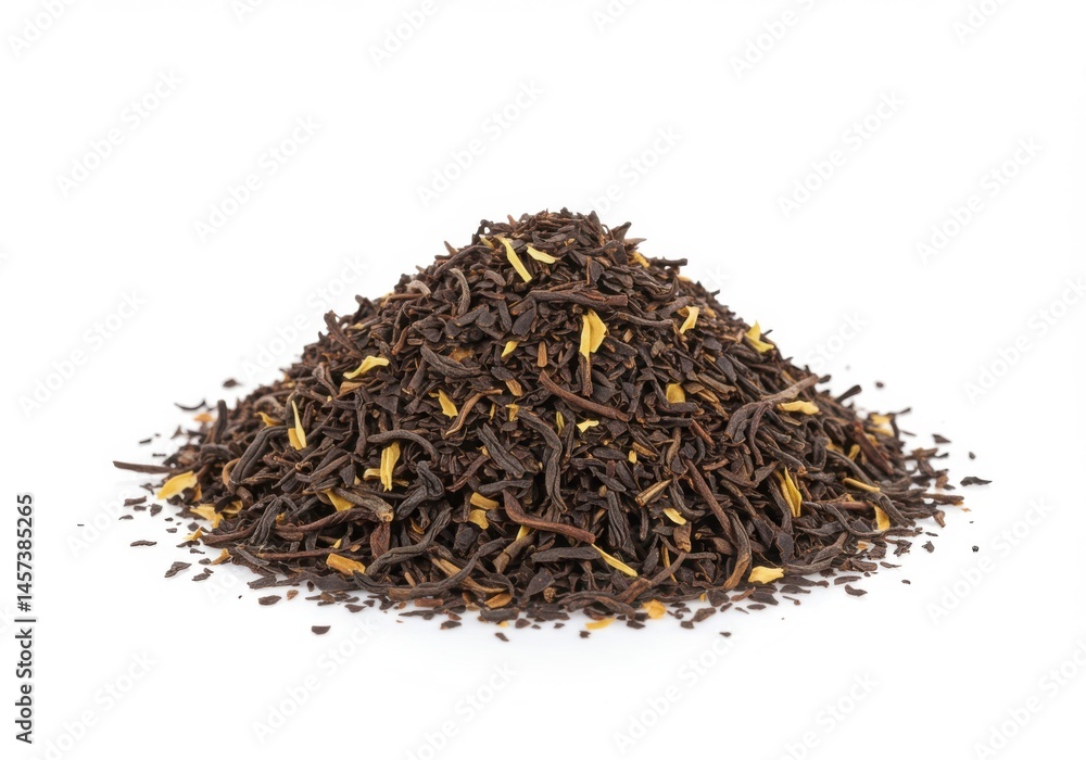 Pile of loose leaf black tea with yellow pieces isolated on white background Pile of loose leaf black tea with yellow pieces isolated on white background