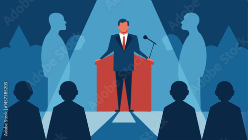 Audience of Shadows A politician on a stage casting long shadows shaped like misleading headlines while the real audience appears intrigued unaware of the truth.