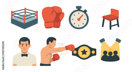Boxing match icons set – boxing ring, gloves, stopwatch, stool, referee, fighter, belt, spotlight, audience. Vector icons set