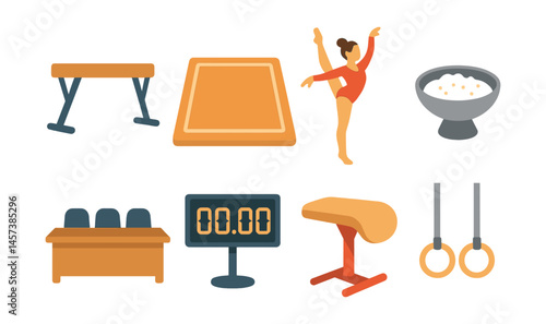 Gymnastics essentials icons set – beam, mat, pose, chalk, judges, timer, horse, rings. Vector icons set