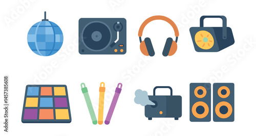 Dance party icons set – disco ball, turntable, headphones, speakers, glow sticks, fog machine. Vector icons set