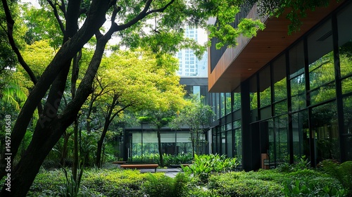 Contemporary office structure surrounded by lush greenery, with trees in the foreground emphasizing a harmonious blend of business and nature.  