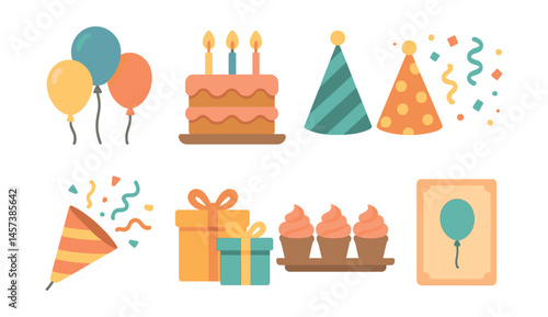 Birthday celebration icons set – balloons, cake, party hat, gifts, cupcakes, confetti. Vector icons set