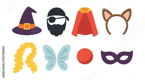 Costume party icons set – wizard, pirate, cape, ears, wig, wings, clown, mask. Vector icons set