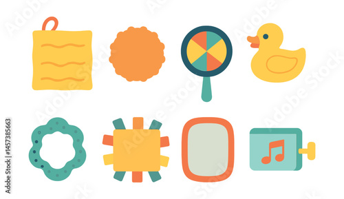 Sensory exploration icons set – sponge, ball, rattle, duck, mirror, gear, music, light. Vector icons set