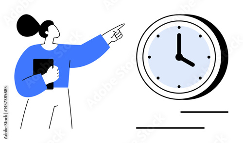 Woman holding a folder while pointing at a clock to highlight time management. Ideal for productivity, deadlines, punctuality, work focus, goal setting, scheduling, flat simple metaphor