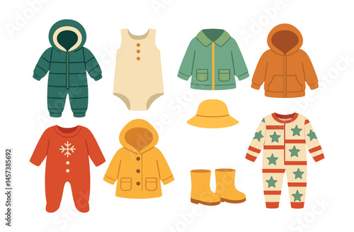 Seasonal baby outfits icons set – onesie, snowsuit, hoodie, jacket, hat, boots. Vector icons set