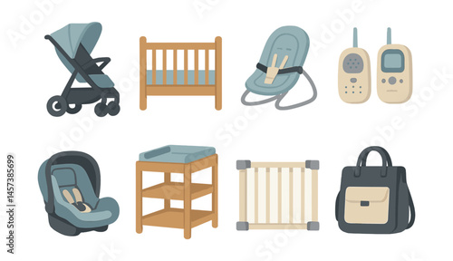 Baby gear essentials icons set – stroller, crib, bouncer, monitor, car seat, changing table. Vector icons set