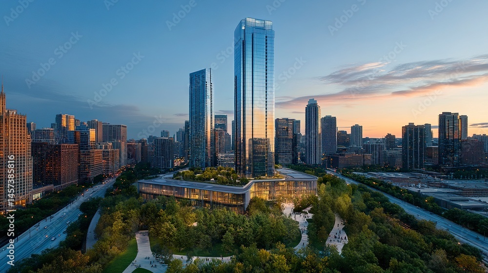 Fototapeta premium Contemporary office tower with green trees in the foreground, symbolizing growth, prosperity, and a commitment to sustainable business practices. 
