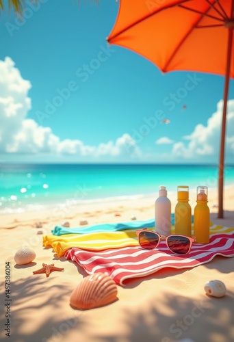 Wallpaper Mural vibrant beach essentials colorful towels sunscreen sunglasses umbrella sand marine life seashells summer vibes, accessory, sunlight, holiday, relaxation, shore Torontodigital.ca