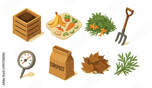 Isometric composting icons set – bin, vegetables, leaves, fork, thermometer, bag. Vector icons set