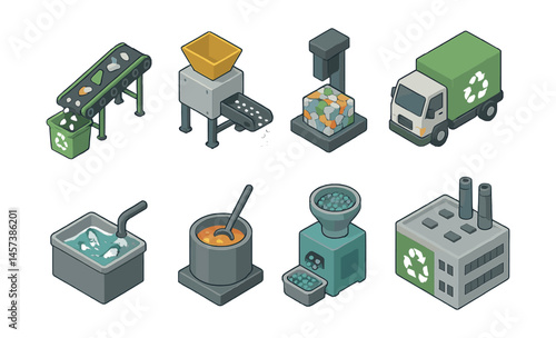 Recycling process icons set – conveyor, shredder, crusher, truck, tank, mixer, grinder, factory. Vector icons set