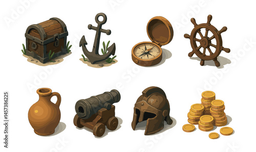 Nautical adventure icons set – anchor, compass, helm, cannon, coins, chest. Vector icons set