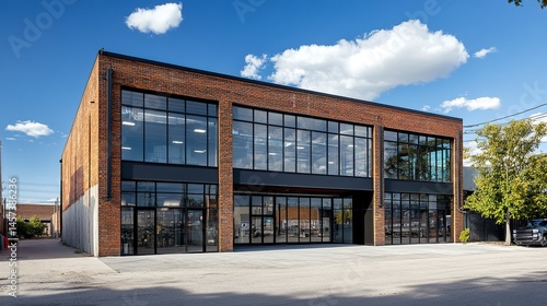 Wallpaper Mural Contemporary warehouse building with a small office unit seamlessly integrated, featuring a clean, industrial facade and large glass windows.   Torontodigital.ca