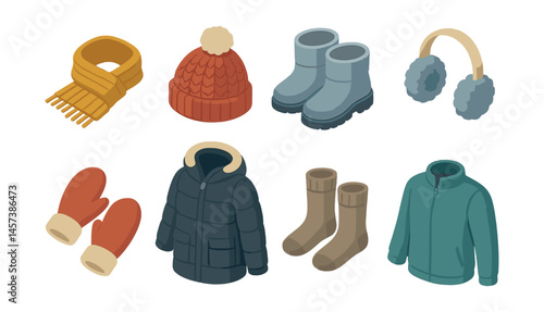 Winter clothing icons set – scarf, beanie, boots, ear muffs, mittens, coat, socks, jacket. Vector icons set